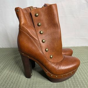 Ugg Brown Studded All Leather High Heeled Boot - gold studs - women’s size 8